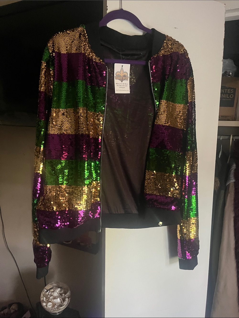 Sequin Striped Bomber Jacket - Purple, Green & Gold